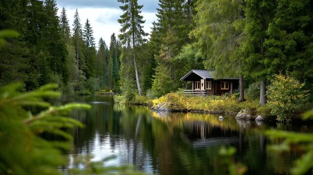 Small wooden house in coniferous forest on lakeside, peaceful retreat escape from city, serene natural setting, with copy space