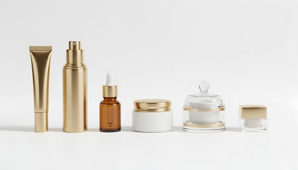 The arrangement of various luxury skincare products on a white surface includes a tube, bottle, dropper, jar, and containers with gold accents.