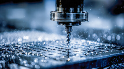 High-precision milling machine tool cutting metal surface with coolant fluid droplets sparkling under focused industrial workshop lighting conditions