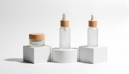 Three clear bottles with wooden caps are displayed on white pedestals in a clean environment for product photography.