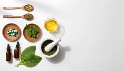 Herbalist prepares natural remedies with various plants and supplements on a clean surface