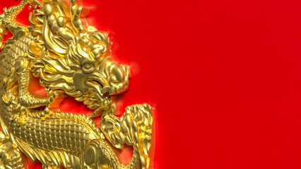 Golden Chinese Dragon Emblem on Red Background 3d render.