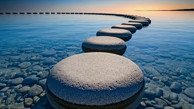 A tranquil scene unfolds as a path of perfectly placed, smooth stepping stones gracefully arcs across crystal-clear, shallow waters, receding towards a horizon bathed in the warm, golden glow of dusk 