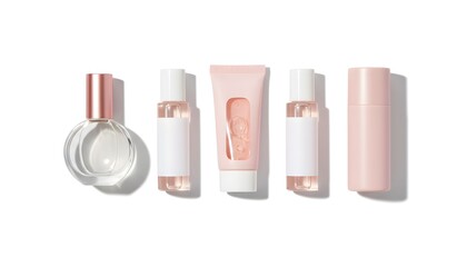 Collection of cosmetic products including perfume bottle lotion and cream arranged on a white background for beauty and skincare advertising