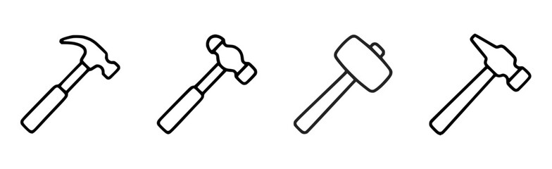 Set of  hammer tool icons in black outline lineart style , showing different hammer types arranged in row with simple shapes for construction repair and craftsmanship concept of building maintenance  