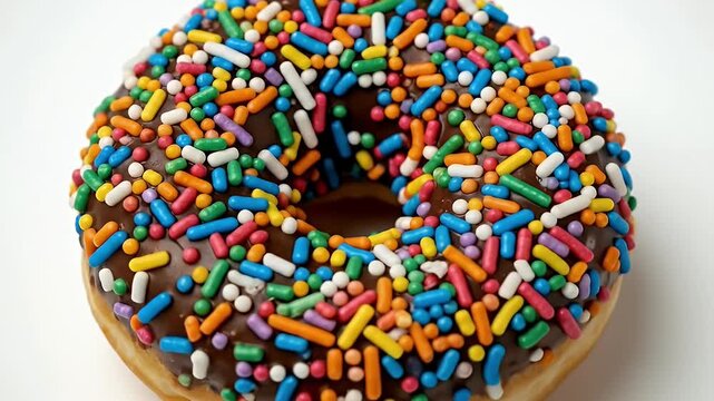 A vibrant and tempting donut is showcased in a detailed top-down view, generously adorned with rich, dark chocolate frosting and a dense scattering of bright, multi-colored sprinkles. The playful rain