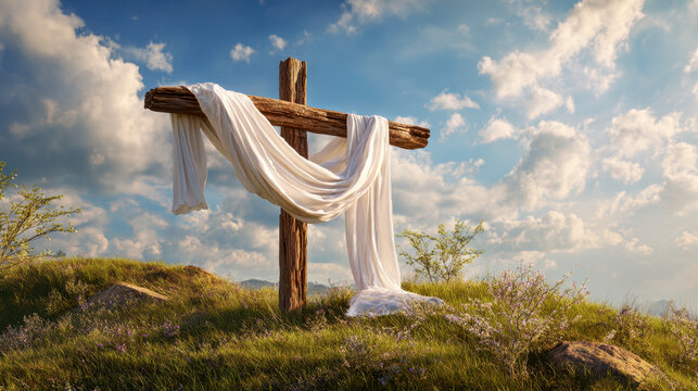 Wooden cross draped with white fabric standing on grassy hill under a vibrant sky filled with fluffy clouds during golden hour sunlight on a serene landscape - Powered by Adobe
