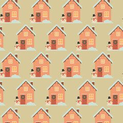 Colorful winter pattern featuring charming houses with snowmen, decorated doors, and festive elements, creating a joyful holiday atmosphere for seasonal designs