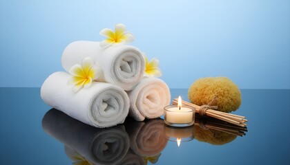 Rolled white spa towels with yellow flowers a lit candle and a natural sponge creating a serene atmosphere for relaxation and wellness