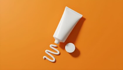 White cosmetic cream tube with a swirl of product isolated on an orange background representing skincare and beauty products