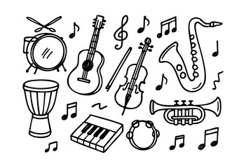 Obraz premium A charming collection of various musical instruments and music notes rendered in a black outline doodle style, perfect for creative designs and educational content — stock vector.