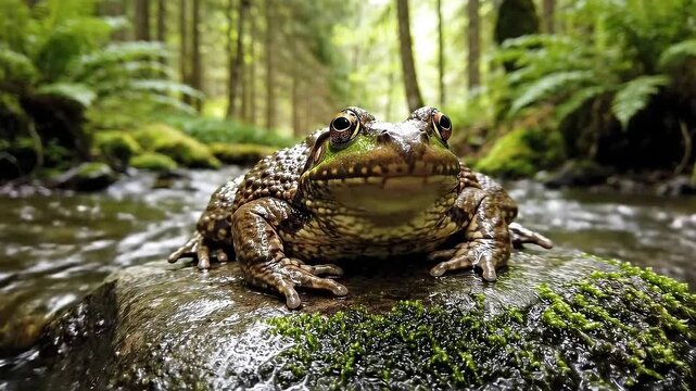 Large toad resting on a mossy rock in a flowing forest stream environment