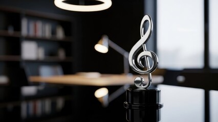 Gleaming treble clef award sculpture centerpiece on a polished dark surface in a modern office setting with a bookshelf and desk in soft focus, elegant music symbol.