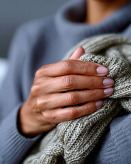 A close-up of a hand holding a cozy knitted scarf, with a soft focus background, conveying warmth, comfort, and a sense of personal style in a tranquil environment.