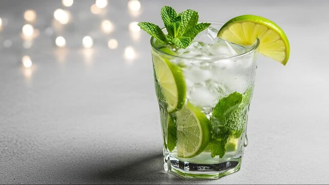 A vibrant, refreshing drink in a clear glass, brimming with crushed ice, fresh green mint leaves, and bright lime slices. A zesty lime wedge and a fragrant mint sprig elegantly garnish the rim, highli