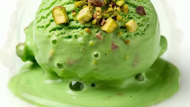 A vibrant scoop of bright green ice cream, generously adorned with a scattering of chopped pistachios and nuts, is captured in a captivating close-up. The smooth, creamy dessert gracefully begins to m