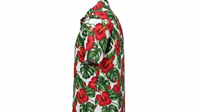 A vibrant, short-sleeved casual shirt with a captivating pattern of bold red hibiscus flowers and lush green tropical leaves set against a crisp white background. The garment is presented in a clean, 