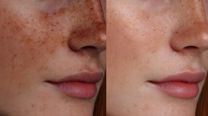 Detailed facial close up showing visible improvement of freckled skin after skincare treatment, perfect for beauty clinics and cosmetic advertising.