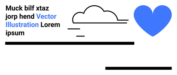 Love, emotional connection, communication, minimalism, graphic design, and creativity. Blue heart and a cloud with black text elements. Love and emotional connection