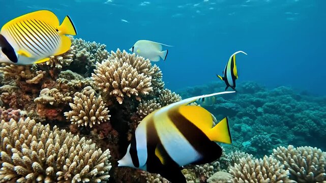 A vibrant underwater scene reveals a thriving coral reef ecosystem teeming with colorful marine life. Several tropical fish with distinctive yellow, black, and white markings gracefully navigate throu