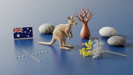 Celebratory Australia Day concept. Kangaroo figurine, Australian flag, native flora, and decorated stones arranged on a blue surface, evoking national pride and heritage.
