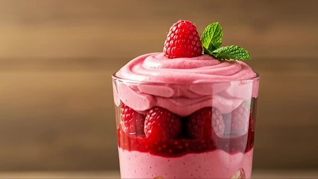A visually appealing close-up shot showcases a vibrant layered dessert served in a clear glass. This delicious confection features alternating layers of fluffy pink mousse, bright red raspberries, and