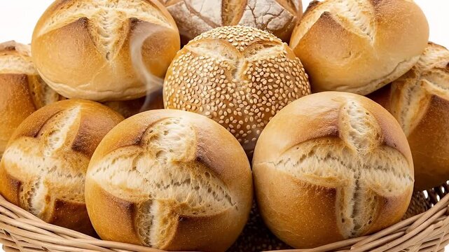 A visually appealing close-up shot showcases a rustic woven basket overflowing with an assortment of freshly baked bread rolls. Each roll features a perfectly golden-brown crust and a traditional cros