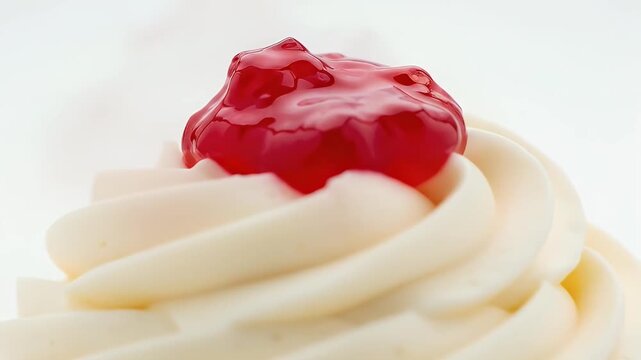 A visually appealing close-up shot of a delectable cupcake featuring a rich, moist red base topped with elegantly swirled white, creamy frosting. A glossy dollop of vibrant red fruit compote or jelly 