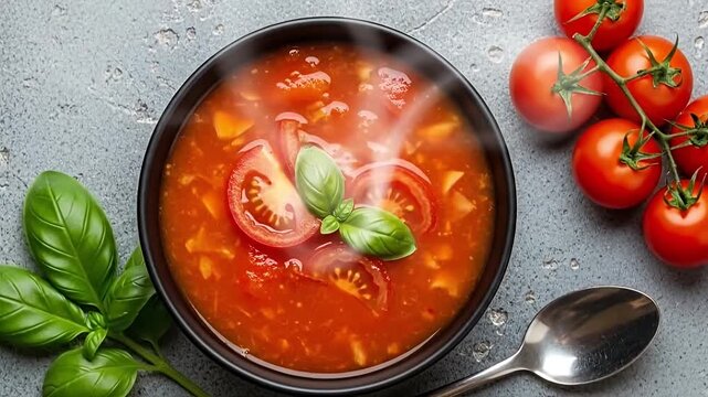 A visually appealing, steaming bowl of freshly prepared tomato soup takes center stage, garnished with vibrant, ripe tomato slices and aromatic basil leaves. Wisps of steam gently rise from the rich, 