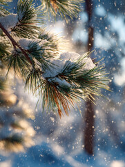 Snow-covered pine tree branches sparkling in the sunlight with gentle snowfall in a serene winter forest setting during golden hour light