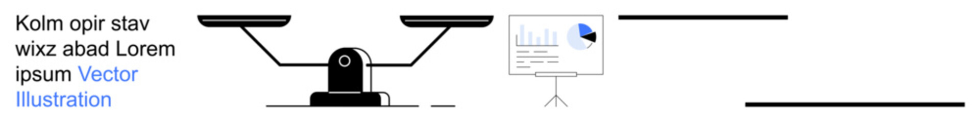 Business analysis, decision evaluation, weighing options, data comparison, balance, corporate planning. A balance scale and data chart illustration. Business analysis and decision evaluation concept