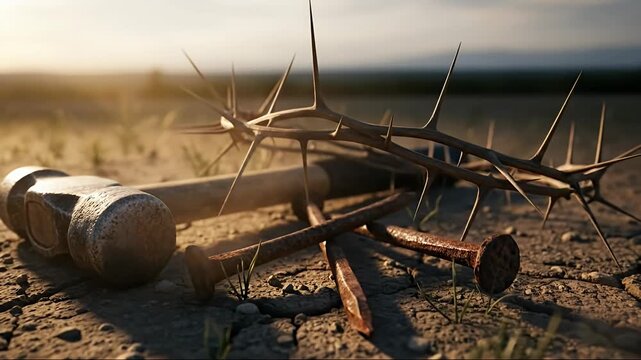 A weathered hammer and three rusty nails lie scattered on cracked, dry earth, with sparse blades of grass pushing through. Beside them, a crown woven from sharp, formidable thorns rests, catching the 