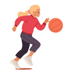 Preteen girl child cartoon character running with ball playing basketball game isolated on white