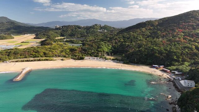 Keya Beach, Genkai Quasi-National Park, Itoshima, Fukuoka, Japan: 4K Aerial Drone Footage of Rural Beach, Mountain Forests, Autumn Colours, Islands, Japanese Rocky Coastline, Countryside Houses
