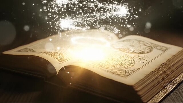 An ancient, open book lies on a dark wooden surface, emitting a brilliant, warm glow from its pages. Ornate, antique illustrations resembling celestial maps or intricate diagrams are visible on the ag