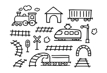 Fototapeta premium A charming collection of hand-drawn railway-themed icons including locomotives, tracks, and station elements, perfect for children's projects and transportation concepts — stock vector.