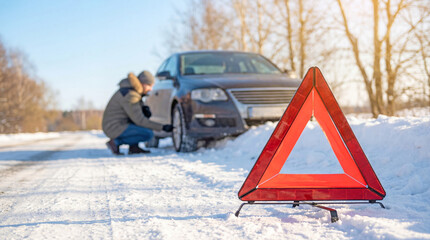 Car wheel stuck in snow with man changing tire on a winter road