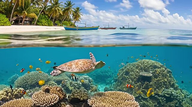 An breathtaking split-level view captures the serene beauty of a vibrant tropical paradise. Above the waterline, a pristine white sand beach is gracefully fringed with swaying palm trees, under a clea