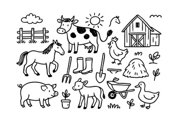 Obraz premium A delightful set of hand-drawn farm animals, agricultural tools, and countryside elements in a whimsical black and white sketch style, perfect for children's designs or rustic themes — stock vector.