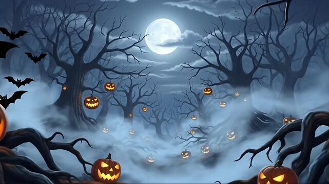 An enchanting yet eerie night scene unfolds in a mysterious forest, bathed in the soft glow of a luminous full moon amidst swirling clouds. Gnarled, barren trees with ghostly branches frame a path lin