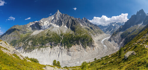 Panoramic mountain landscape in Chamonix with Mont Blanc massif, alpine peaks, glaciers, valleys,...