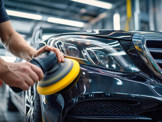 Hands polishing the glossy black luxury car body with a professional electric buffer in a modern auto detailing workshop environment