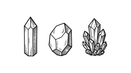 Hand-drawn illustration of crystals in a minimalist, black and white style
