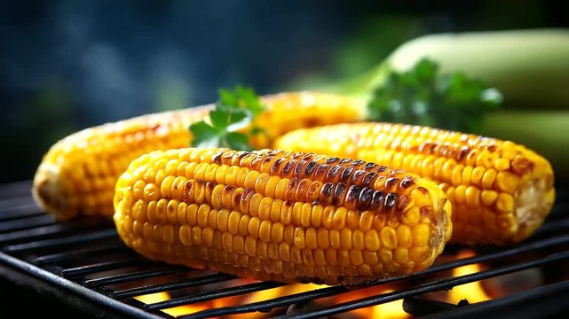 Close-up of yellow corn kernels roasting on hot BBQ grill, summer barbecue detail, grilled vegetable texture, cooking process, with copy space
