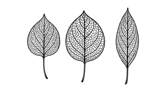 Detailed black and white leaf skeletons on a white background
