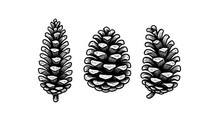 Detailed hand-drawn illustration of three pine cones on a white background