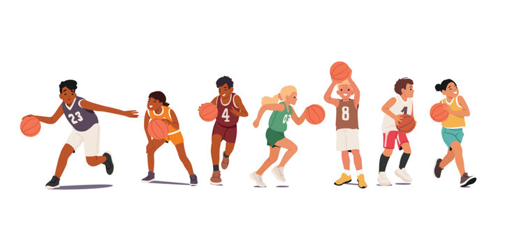 Children cartoon character in uniform playing basketball enjoying professional sports activity set