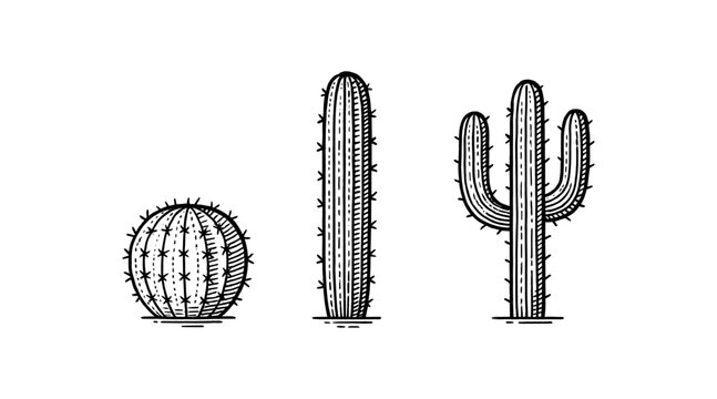 Line art illustration of various cactus plants in black and white