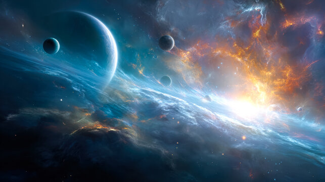 Artistic depiction of a distant galaxy with colorful nebulae and multiple planets in outer space