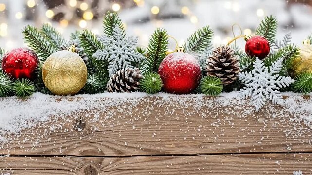 This beautiful winter holiday background features a rustic wooden surface dusted with pristine white snow, creating a charming seasonal aesthetic. Above, a decorative border of frosted evergreen branc